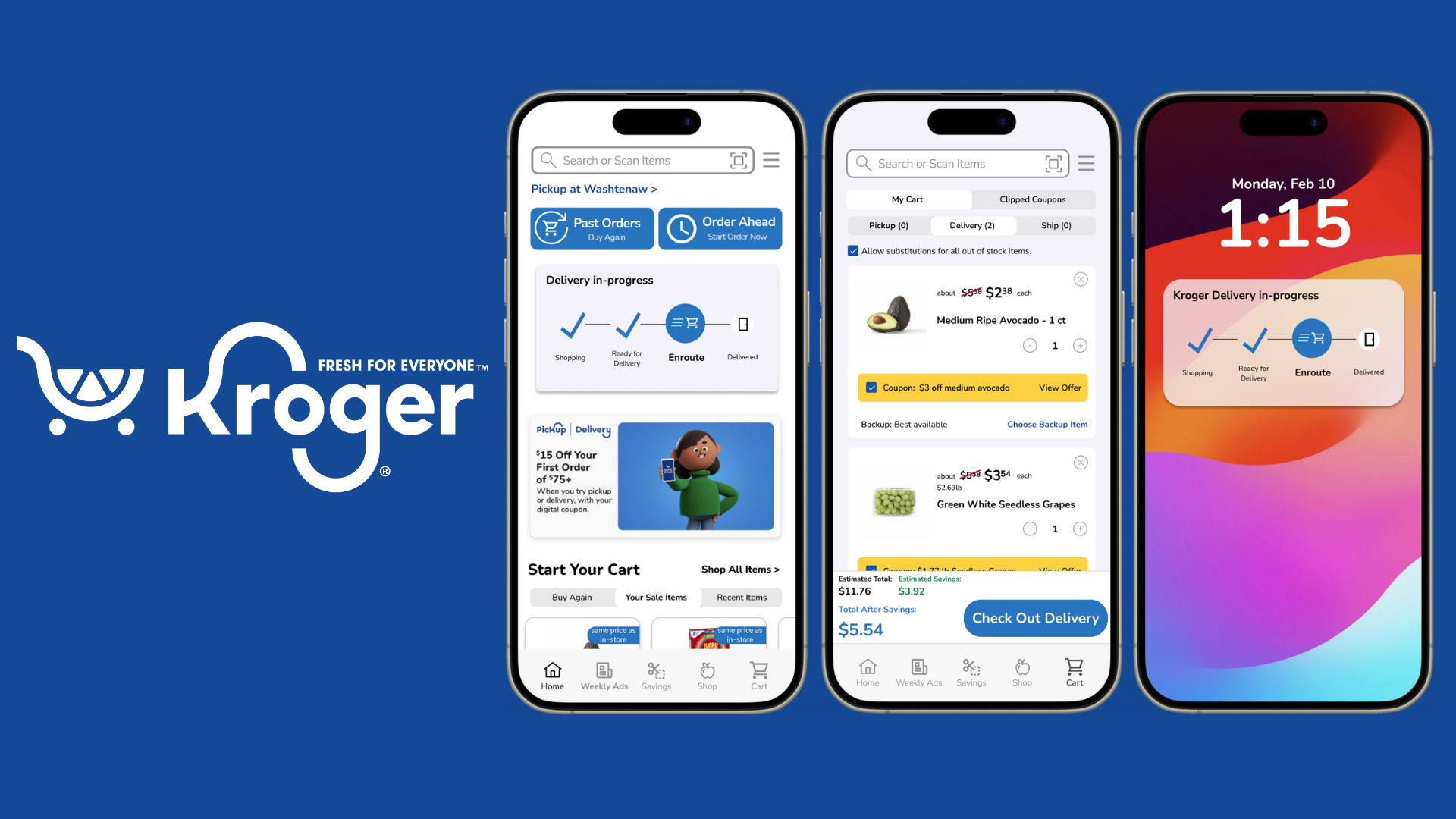 Kroger Logo with three phone screens with kroger app pages